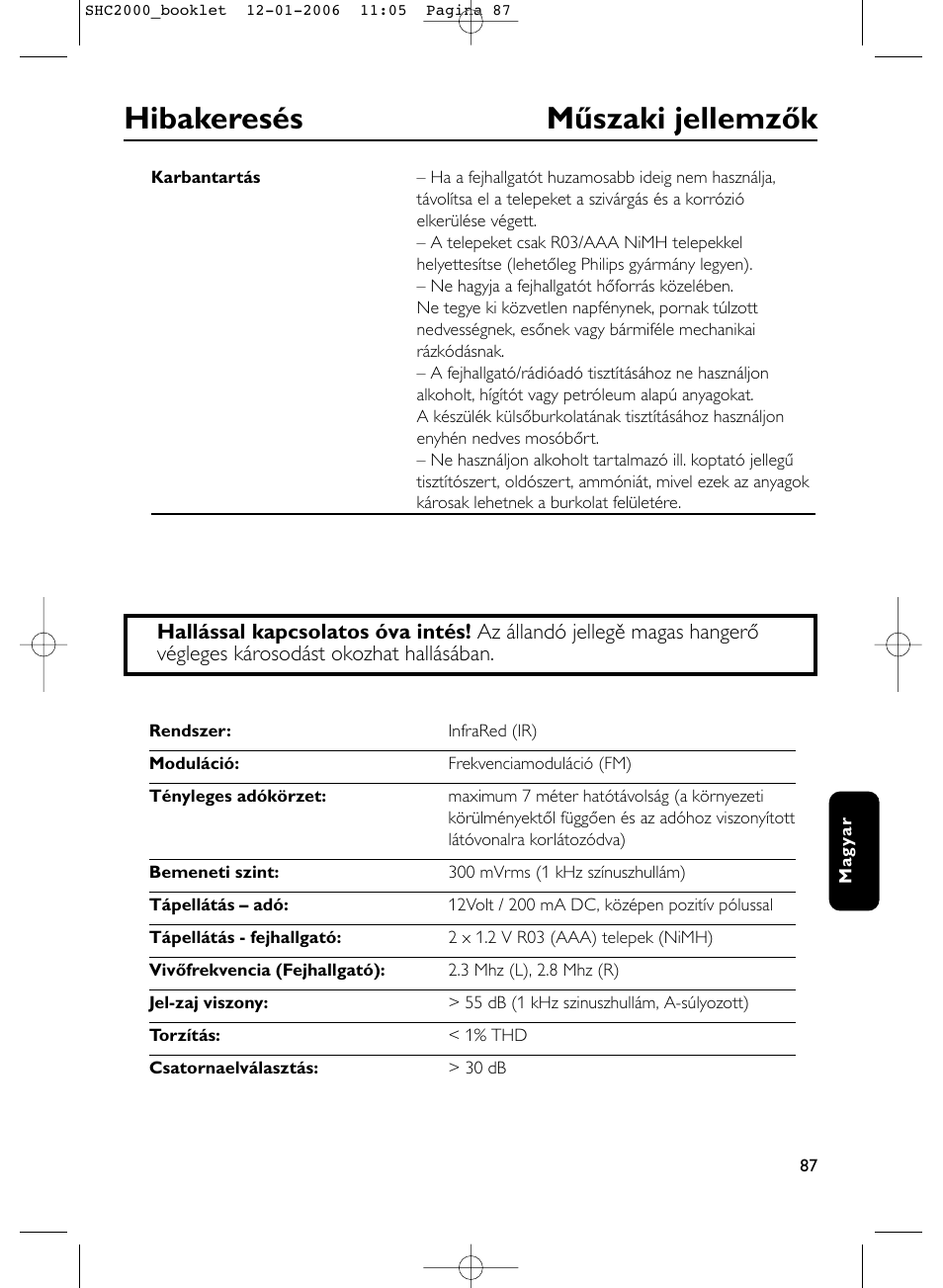 Hibakeresés műszaki jellemzők | Philips Casque hi-fi sans fil User Manual | Page 87 / 114