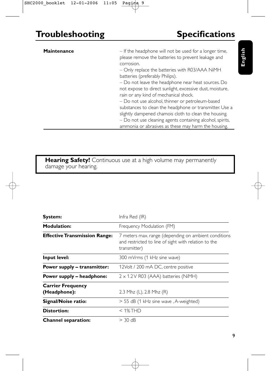 Troubleshooting specifications | Philips Casque hi-fi sans fil User Manual | Page 9 / 114