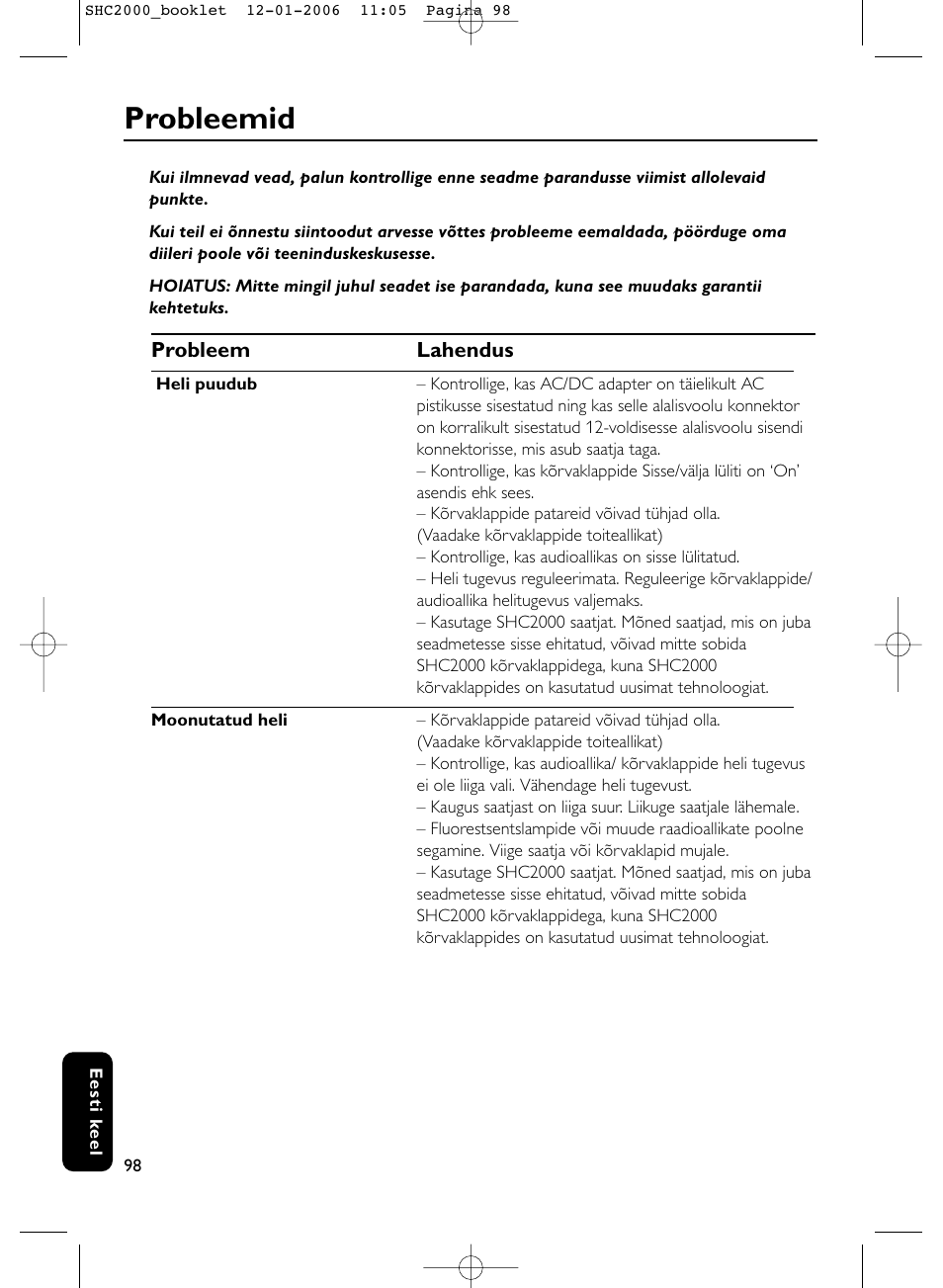 Probleemid | Philips Casque hi-fi sans fil User Manual | Page 98 / 114