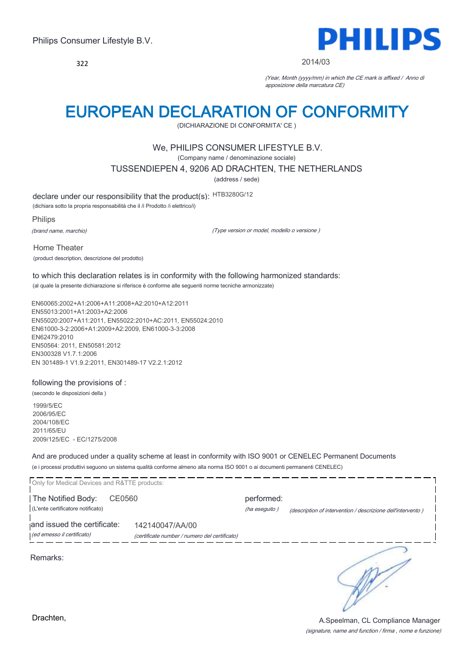 European declaration of conformity | Philips Home Cinéma Blu-ray 3D 2 enceintes User Manual | Page 10 / 22