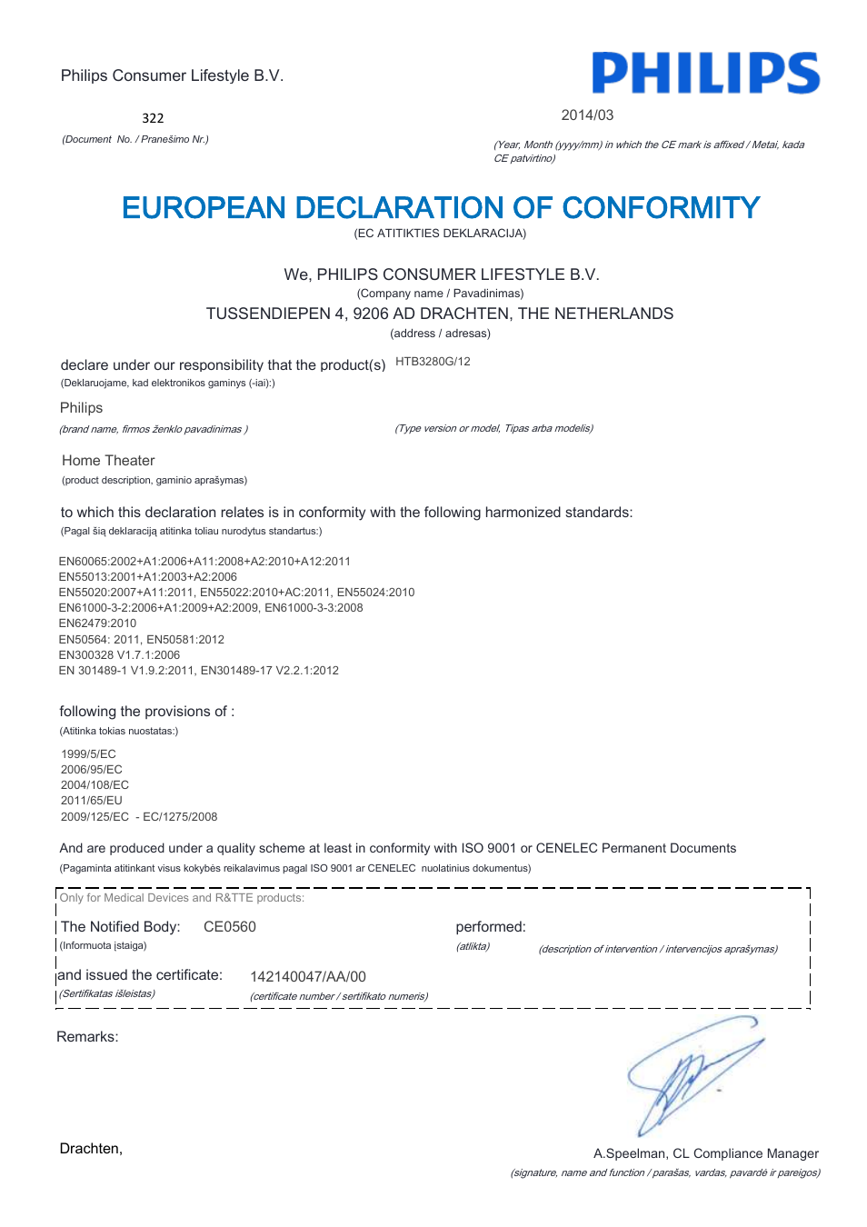 European declaration of conformity | Philips Home Cinéma Blu-ray 3D 2 enceintes User Manual | Page 11 / 22