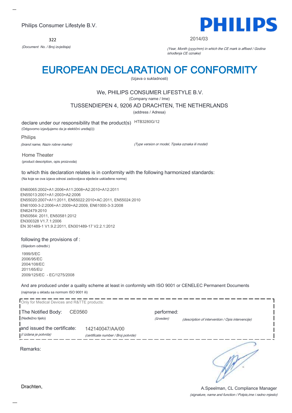 European declaration of conformity | Philips Home Cinéma Blu-ray 3D 2 enceintes User Manual | Page 20 / 22