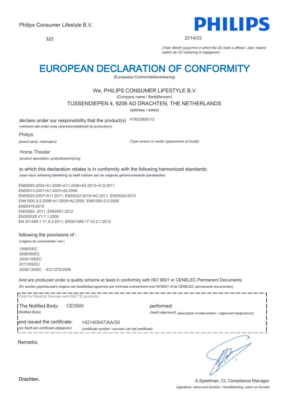 European declaration of conformity | Philips Home Cinéma Blu-ray 3D 2 enceintes User Manual | Page 4 / 22