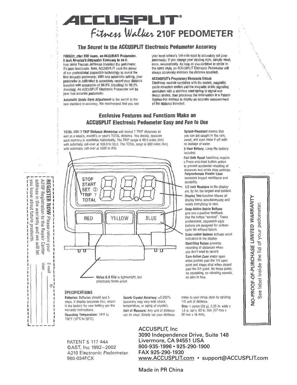 Accusplit Fitness Walker A210F User Manual | 1 page