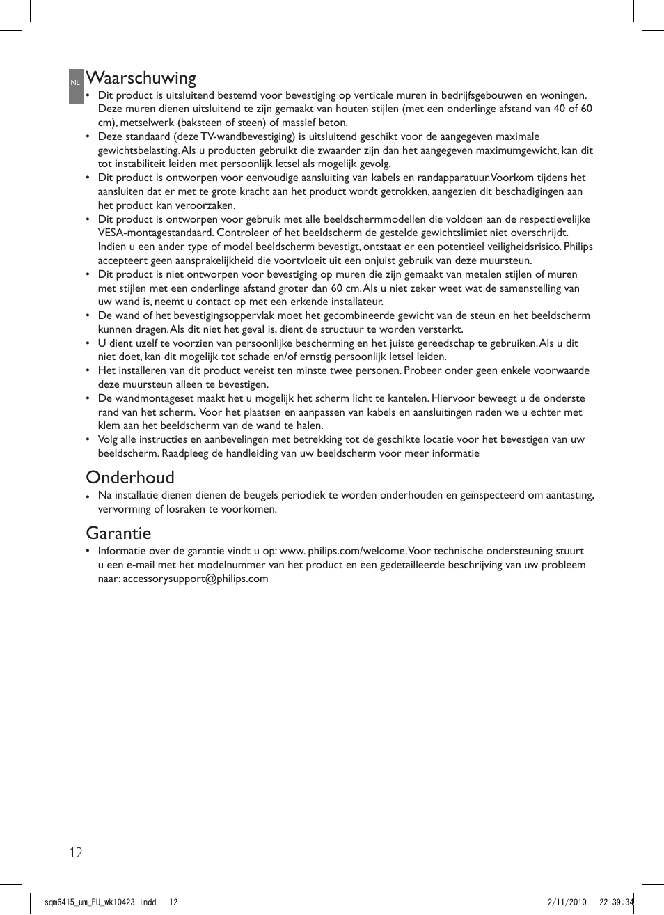 Waarschuwing, Onderhoud, Garantie | Philips Support mural LCD User Manual | Page 12 / 30