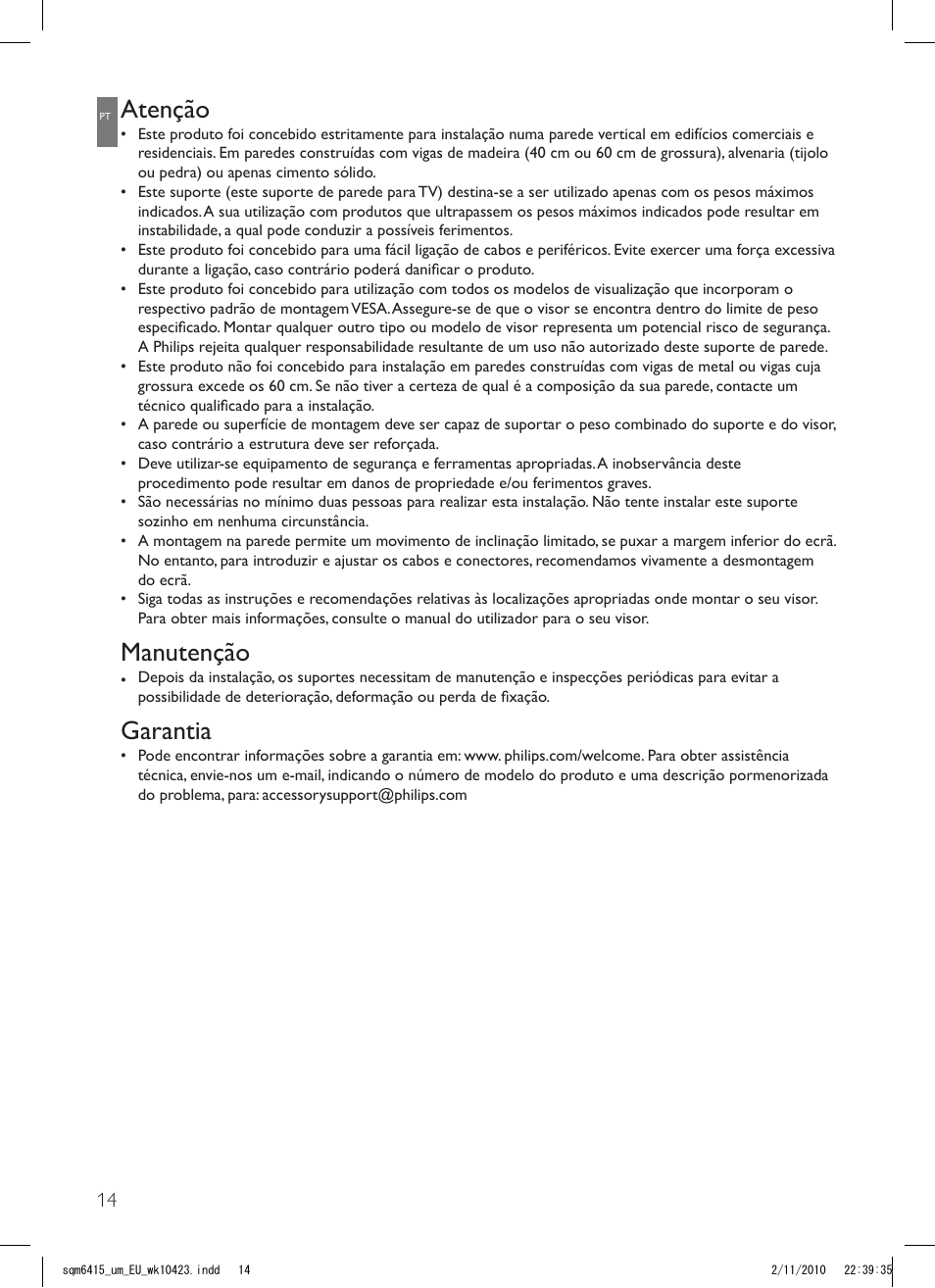 Atenção, Manutenção, Garantia | Philips Support mural LCD User Manual | Page 14 / 30