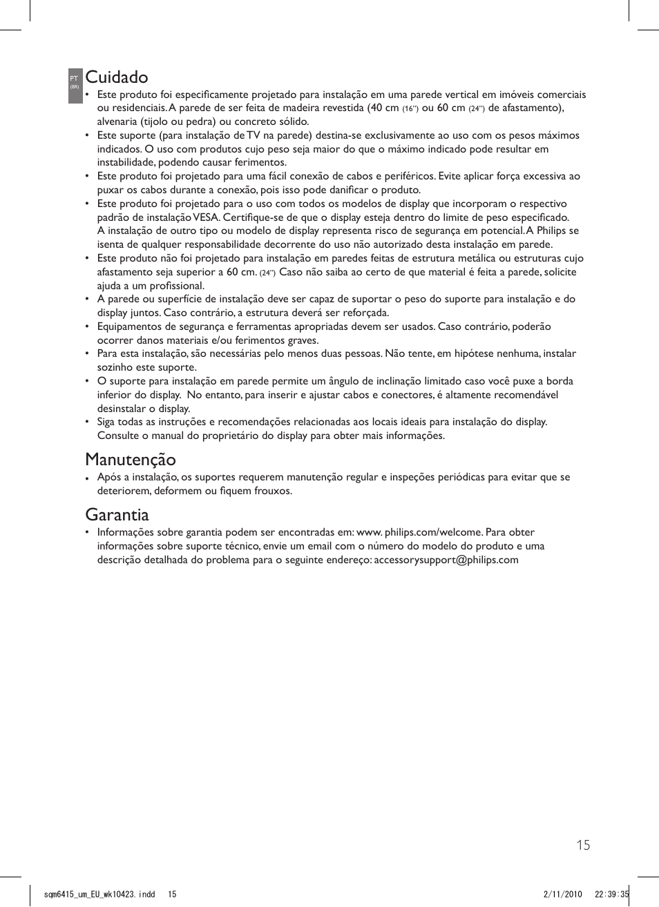 Cuidado, Manutenção, Garantia | Philips Support mural LCD User Manual | Page 15 / 30