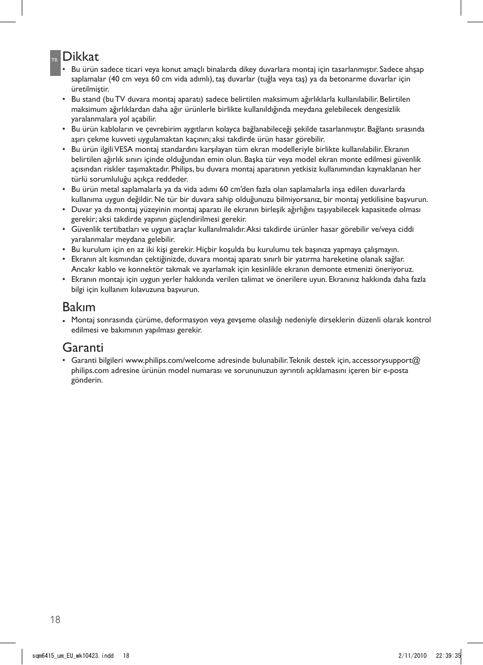 Dikkat, Bakım, Garanti | Philips Support mural LCD User Manual | Page 18 / 30