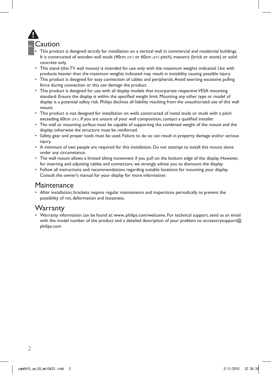 Caution, Maintenance, Warranty | Philips Support mural LCD User Manual | Page 2 / 30