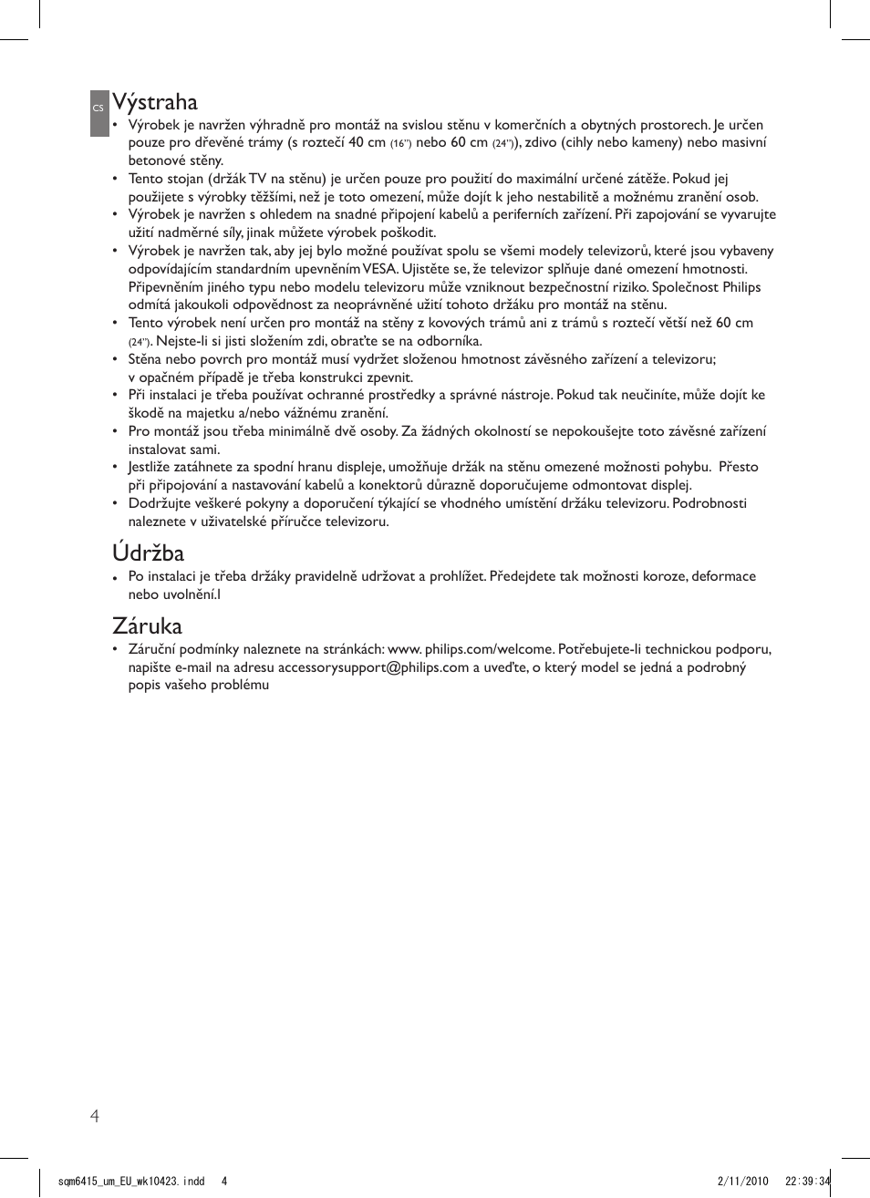 Výstraha, Údržba, Záruka | Philips Support mural LCD User Manual | Page 4 / 30