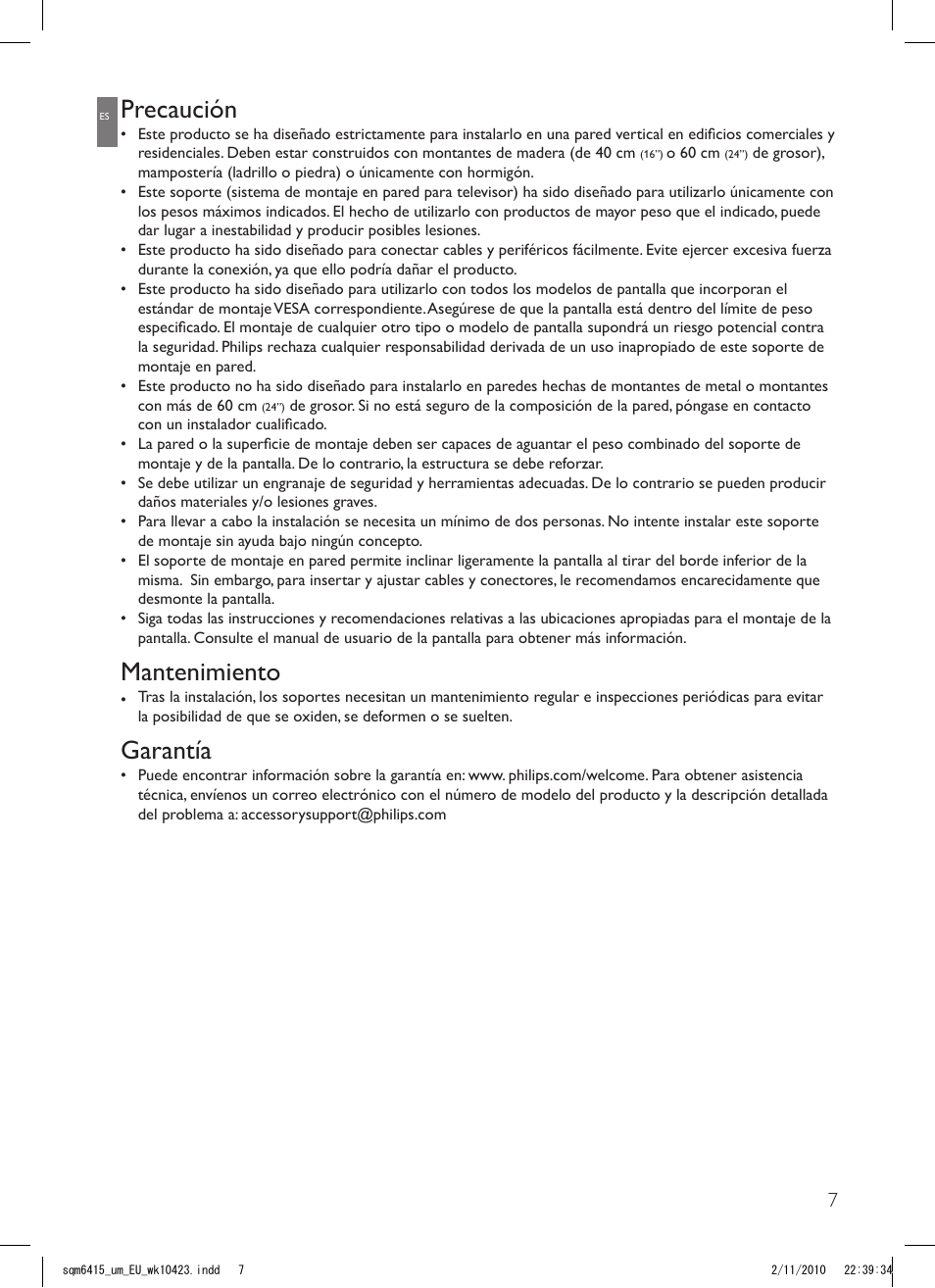Precaución, Mantenimiento, Garantía | Philips Support mural LCD User Manual | Page 7 / 30