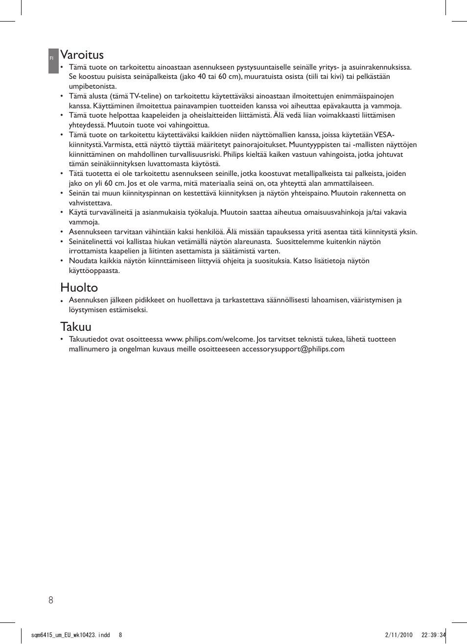 Varoitus, Huolto, Takuu | Philips Support mural LCD User Manual | Page 8 / 30