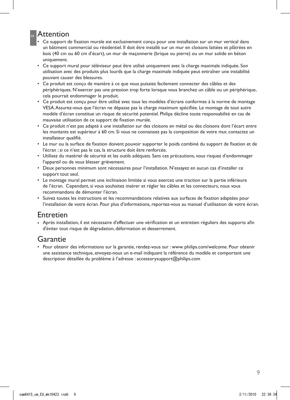 Attention, Entretien, Garantie | Philips Support mural LCD User Manual | Page 9 / 30