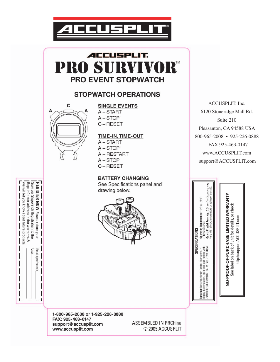 Accusplit Pro Survivor S602XE User Manual | 1 page