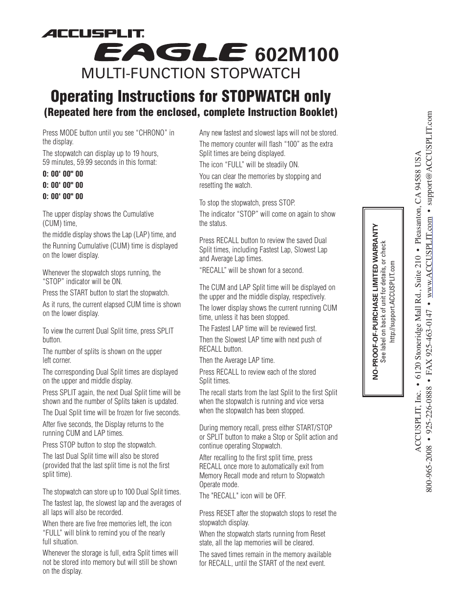 Accusplit Eagle 602M100 User Manual | 1 page