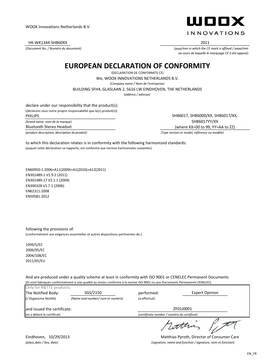 European declaration of conformity | Philips Casque stéréo Bluetooth User Manual | Page 2 / 21