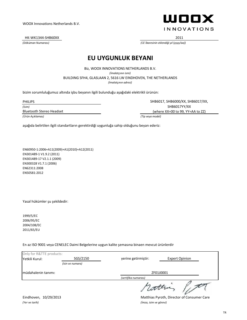 Eu uygunluk beyani | Philips Casque stéréo Bluetooth User Manual | Page 21 / 21