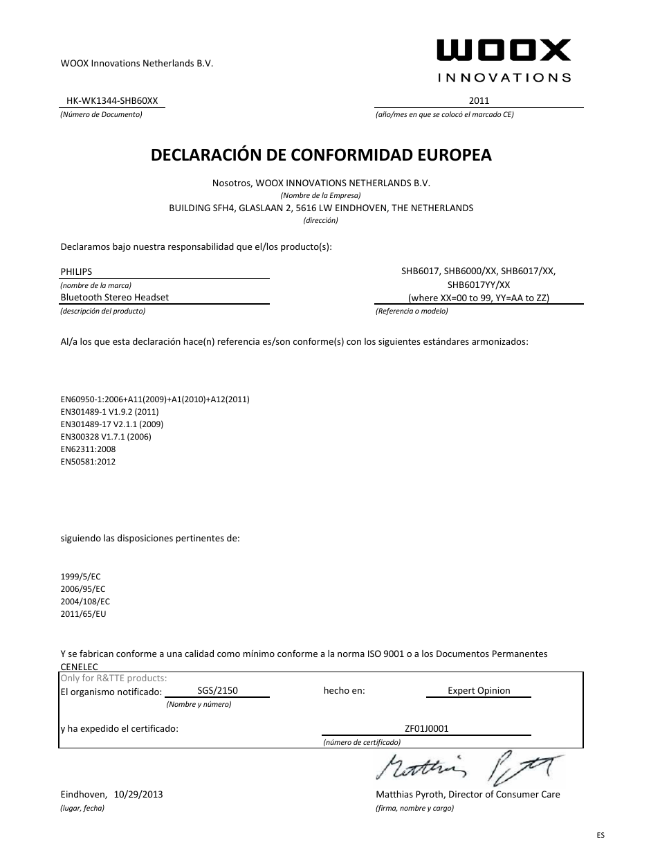 Declaración de conformidad europea | Philips Casque stéréo Bluetooth User Manual | Page 7 / 21