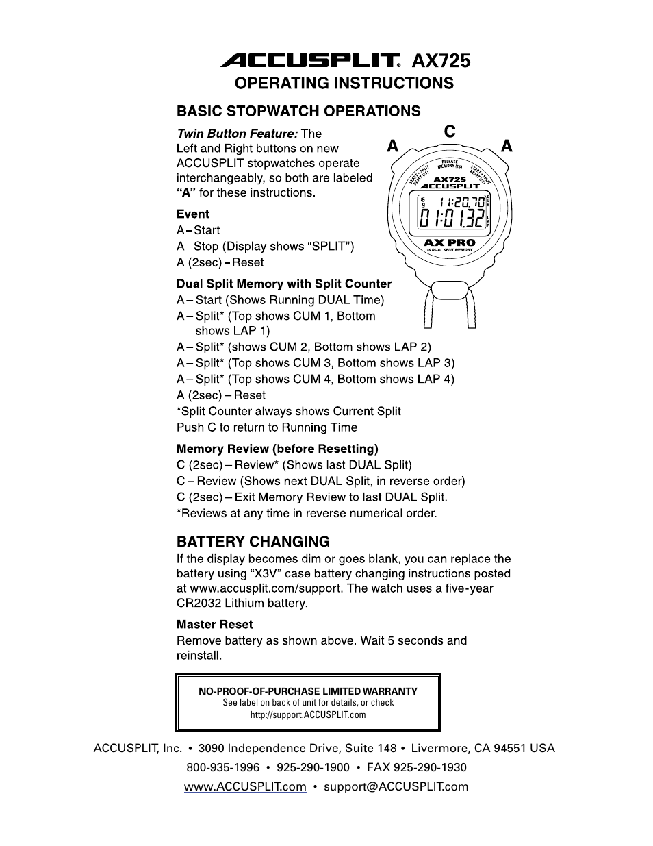 Accusplit AX725 User Manual | 1 page