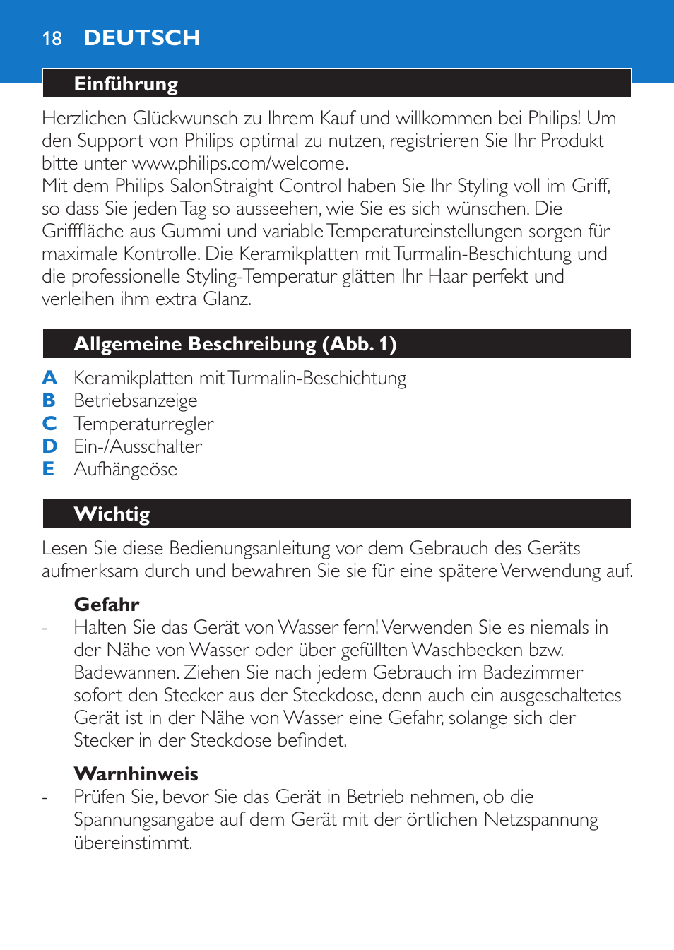 Gefahr, Warnhinweis, Deutsch | Einführung, Allgemeine beschreibung (abb. 1), Wichtig | Philips Sèche-cheveux et lisseur User Manual | Page 102 / 168