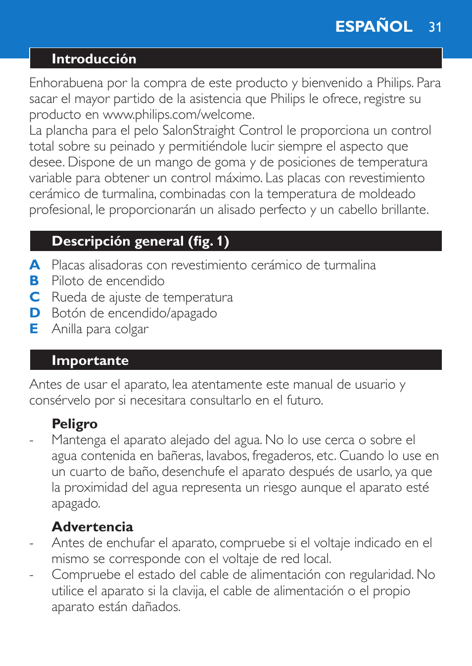 Peligro, Advertencia, Español | Introducción, Descripción general (fig. 1), Importante | Philips Sèche-cheveux et lisseur User Manual | Page 115 / 168