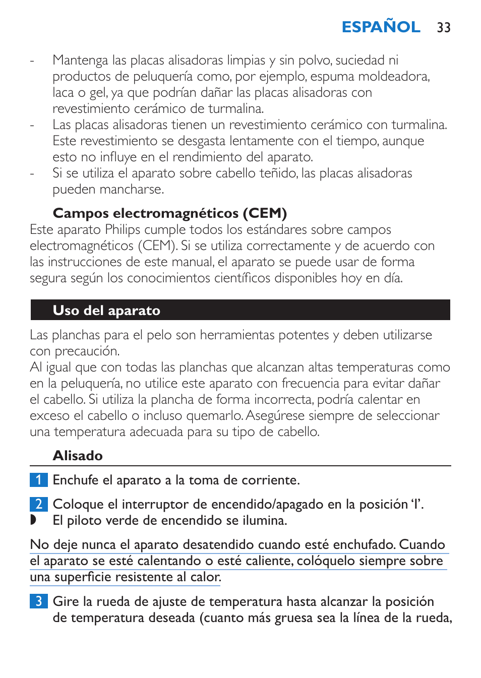 Campos electromagnéticos (cem), Uso del aparato, Alisado | Philips Sèche-cheveux et lisseur User Manual | Page 117 / 168