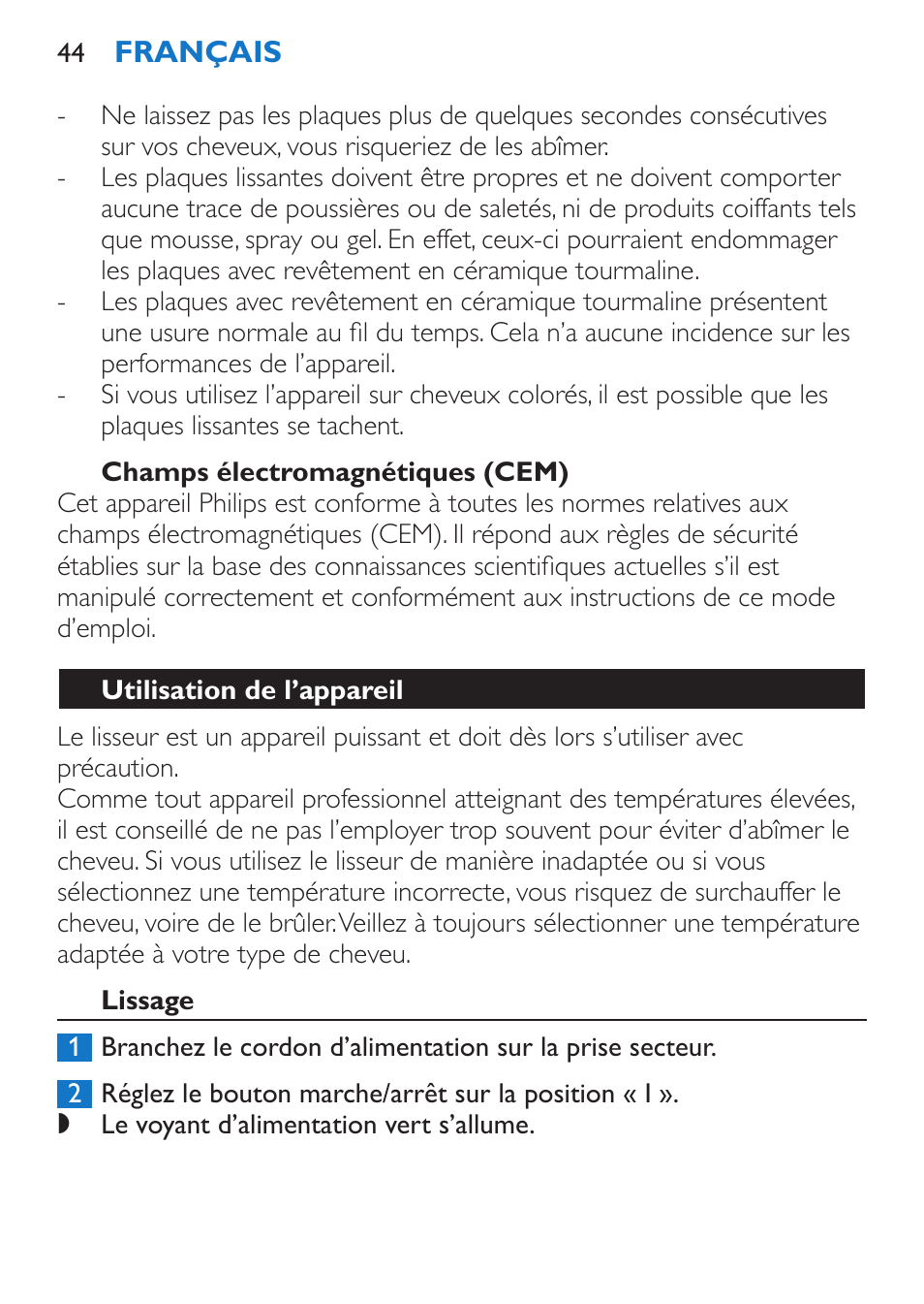 Champs électromagnétiques (cem), Utilisation de l’appareil, Lissage | Philips Sèche-cheveux et lisseur User Manual | Page 128 / 168