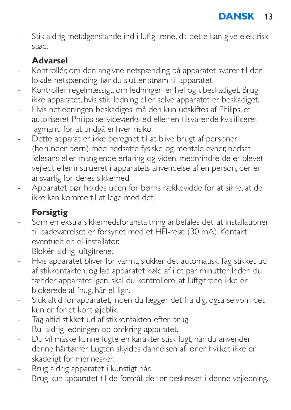 Advarsel, Forsigtig | Philips Sèche-cheveux et lisseur User Manual | Page 13 / 168