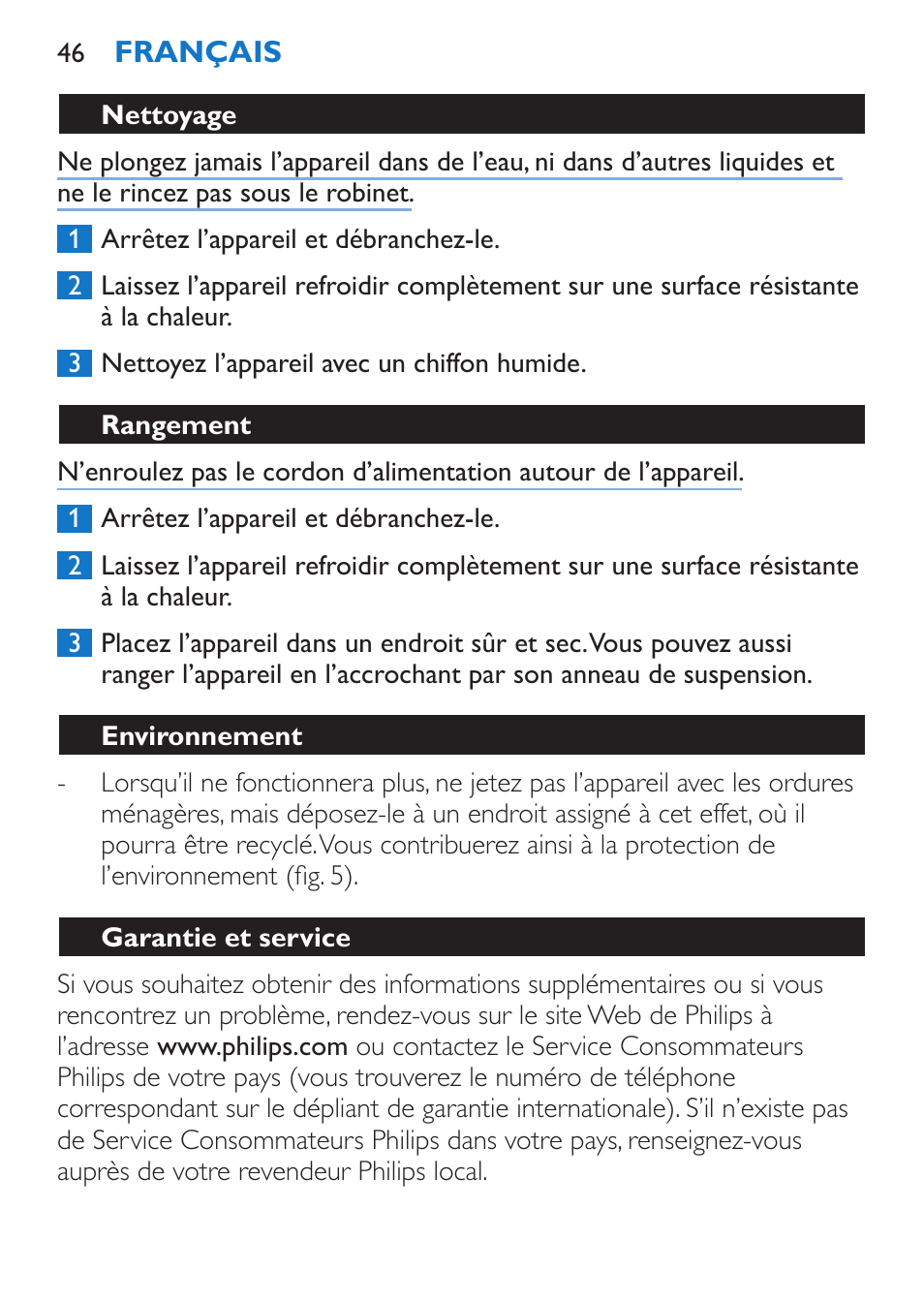 Nettoyage, Rangement, Environnement | Garantie et service | Philips Sèche-cheveux et lisseur User Manual | Page 130 / 168