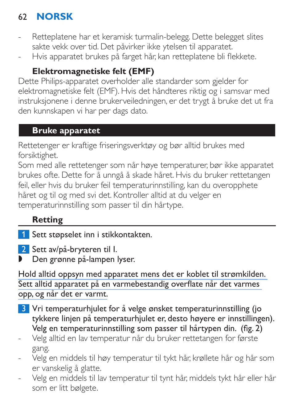 Elektromagnetiske felt (emf), Bruke apparatet, Retting | Philips Sèche-cheveux et lisseur User Manual | Page 146 / 168