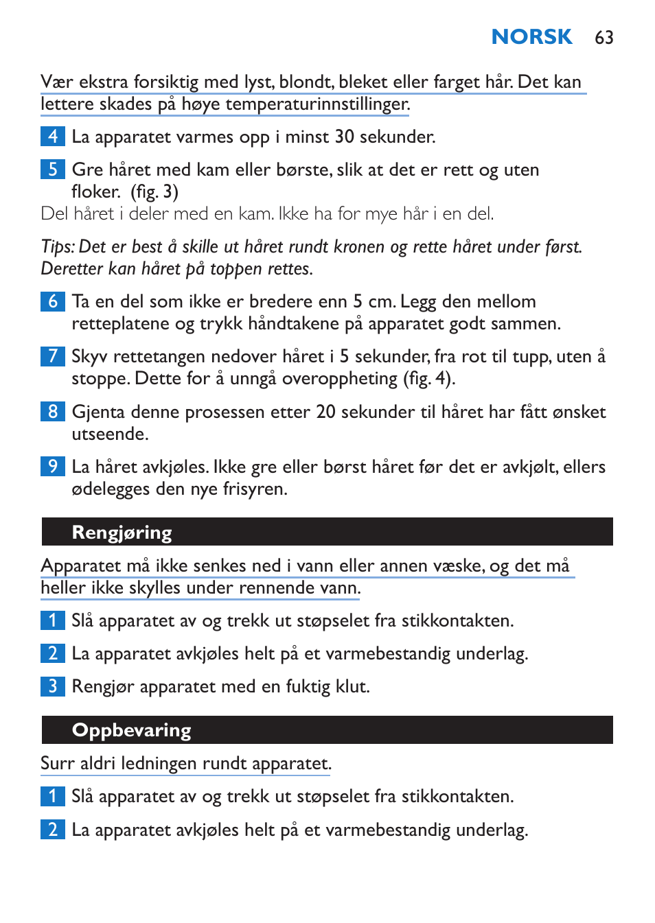 Rengjøring, Oppbevaring | Philips Sèche-cheveux et lisseur User Manual | Page 147 / 168