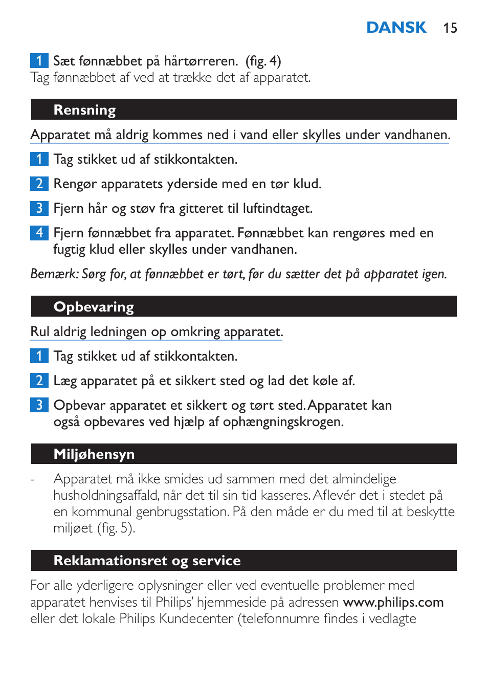 Rensning, Opbevaring, Miljøhensyn | Reklamationsret og service | Philips Sèche-cheveux et lisseur User Manual | Page 15 / 168