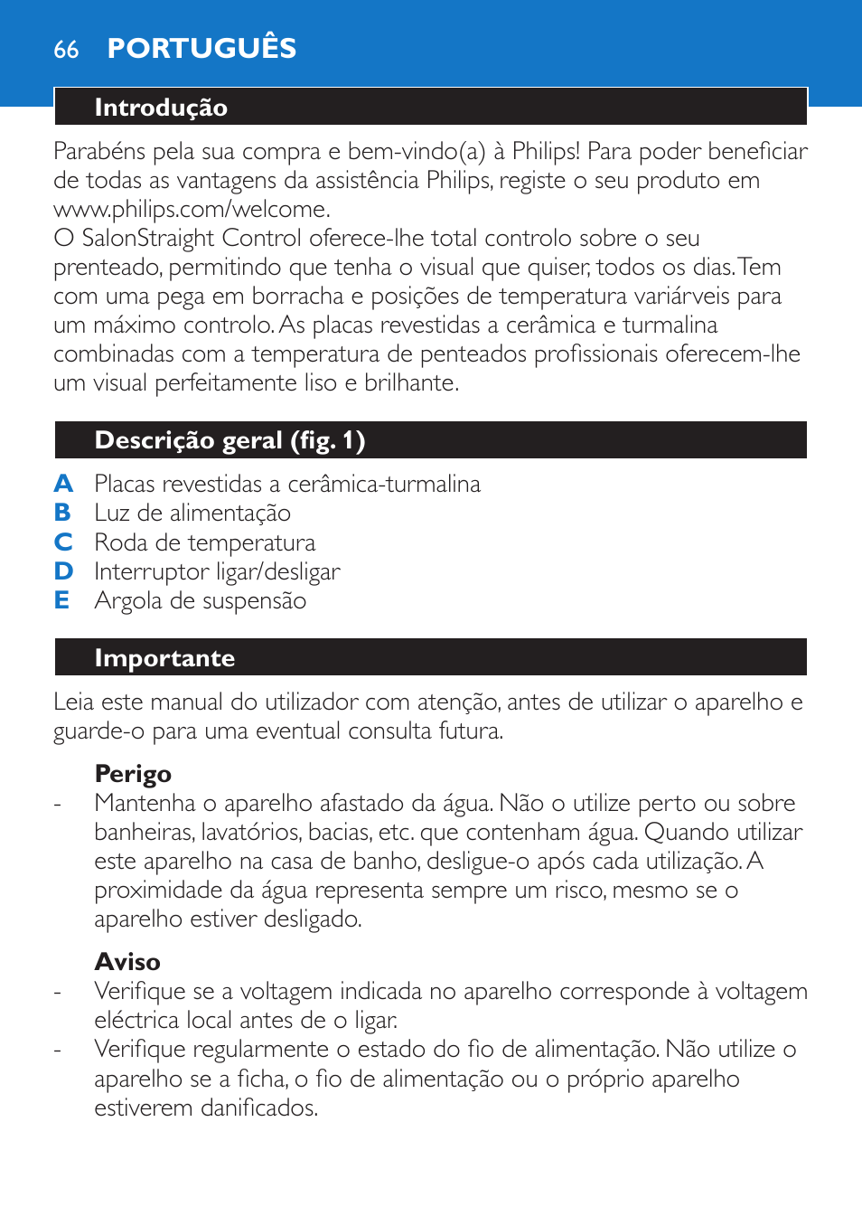 Perigo, Aviso, Português | Introdução, Descrição geral (fig. 1), Importante | Philips Sèche-cheveux et lisseur User Manual | Page 150 / 168