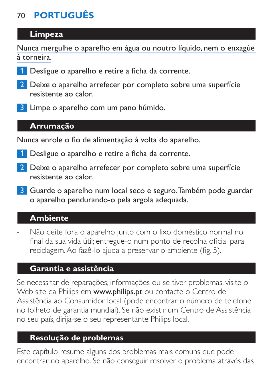 Limpeza, Arrumação, Ambiente | Garantia e assistência, Resolução de problemas | Philips Sèche-cheveux et lisseur User Manual | Page 154 / 168