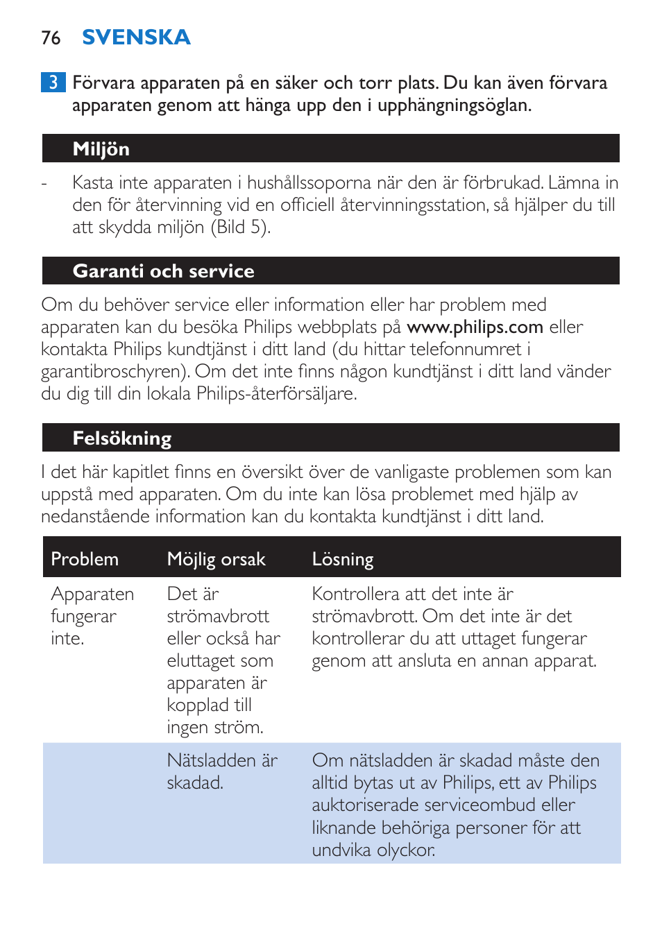 Miljön, Garanti och service, Felsökning | Philips Sèche-cheveux et lisseur User Manual | Page 160 / 168