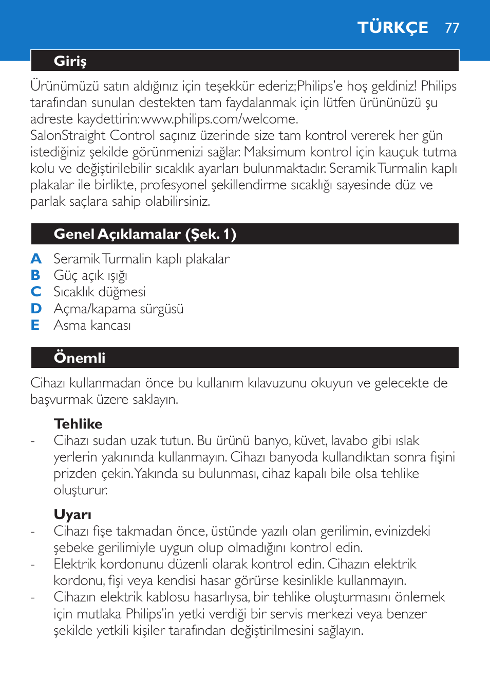 Tehlike, Uyarı, Türkçe | Giriş, Genel açıklamalar (şek. 1), Önemli | Philips Sèche-cheveux et lisseur User Manual | Page 161 / 168