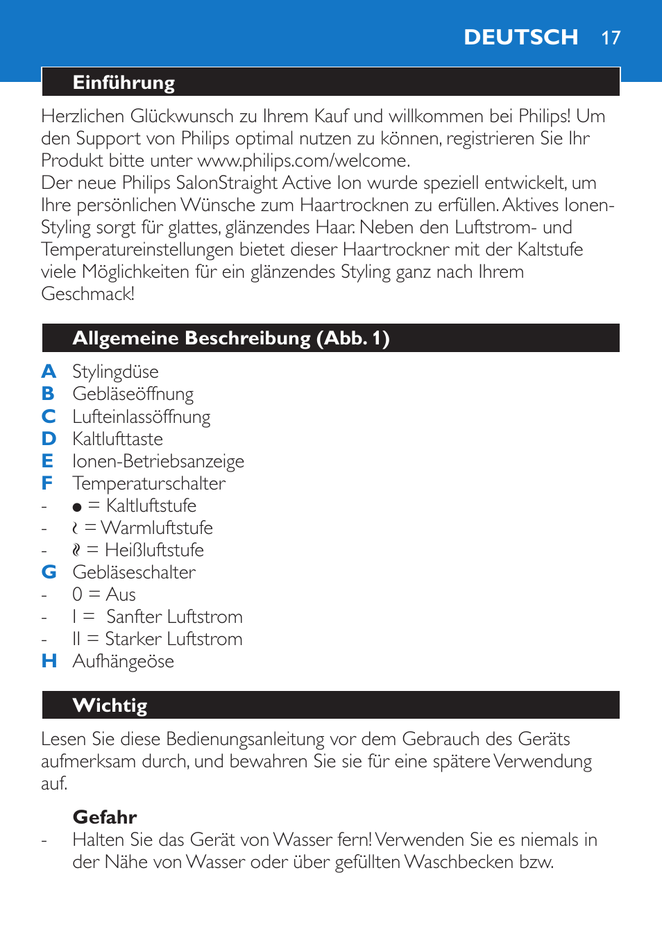 Gefahr, Deutsch, Einführung | Allgemeine beschreibung (abb. 1), Wichtig | Philips Sèche-cheveux et lisseur User Manual | Page 17 / 168