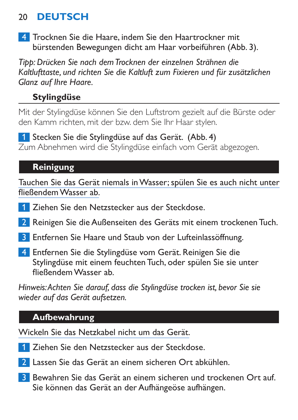 Stylingdüse, Reinigung, Aufbewahrung | Philips Sèche-cheveux et lisseur User Manual | Page 20 / 168