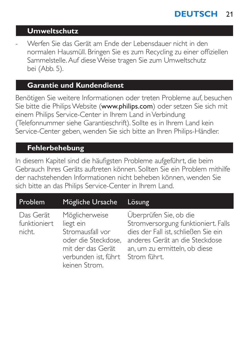 Umweltschutz, Garantie und kundendienst, Fehlerbehebung | Philips Sèche-cheveux et lisseur User Manual | Page 21 / 168