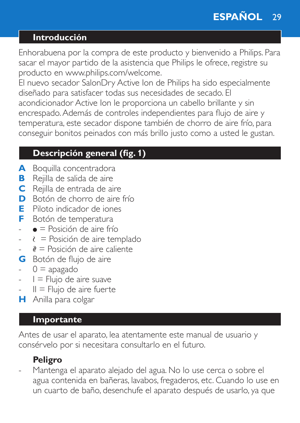 Peligro, Español, Introducción | Descripción general (fig. 1), Importante | Philips Sèche-cheveux et lisseur User Manual | Page 29 / 168