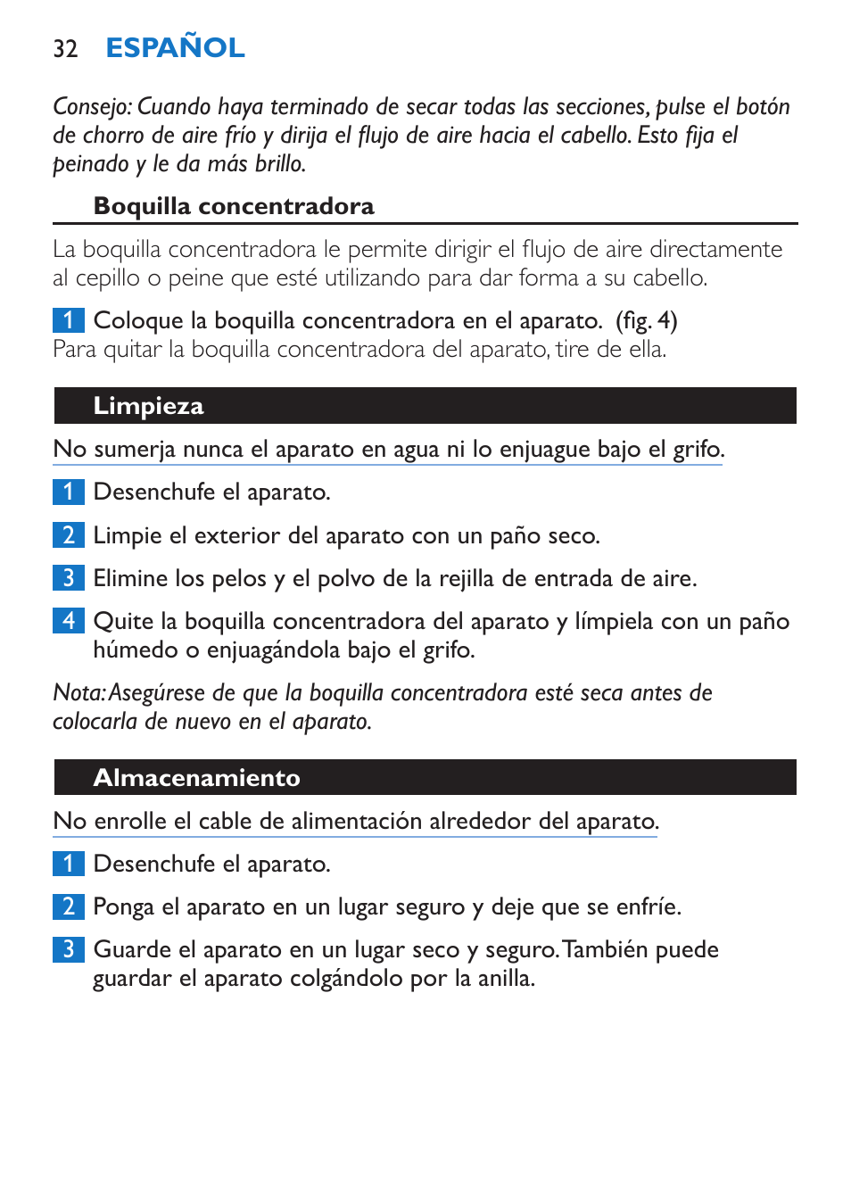 Boquilla concentradora, Limpieza, Almacenamiento | Philips Sèche-cheveux et lisseur User Manual | Page 32 / 168