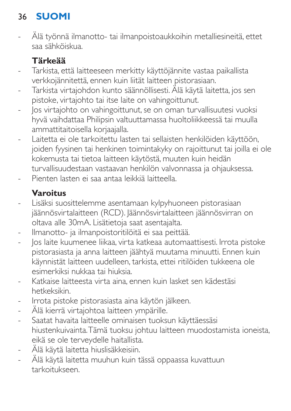 Tärkeää, Varoitus | Philips Sèche-cheveux et lisseur User Manual | Page 36 / 168