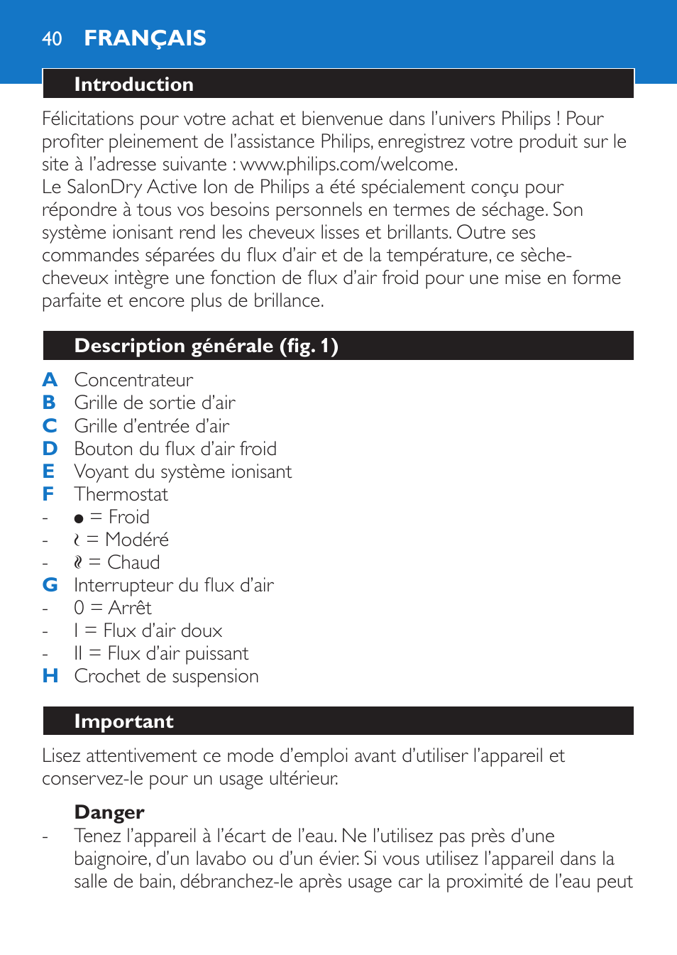 Danger, Français, Introduction | Description générale (fig. 1), Important | Philips Sèche-cheveux et lisseur User Manual | Page 40 / 168