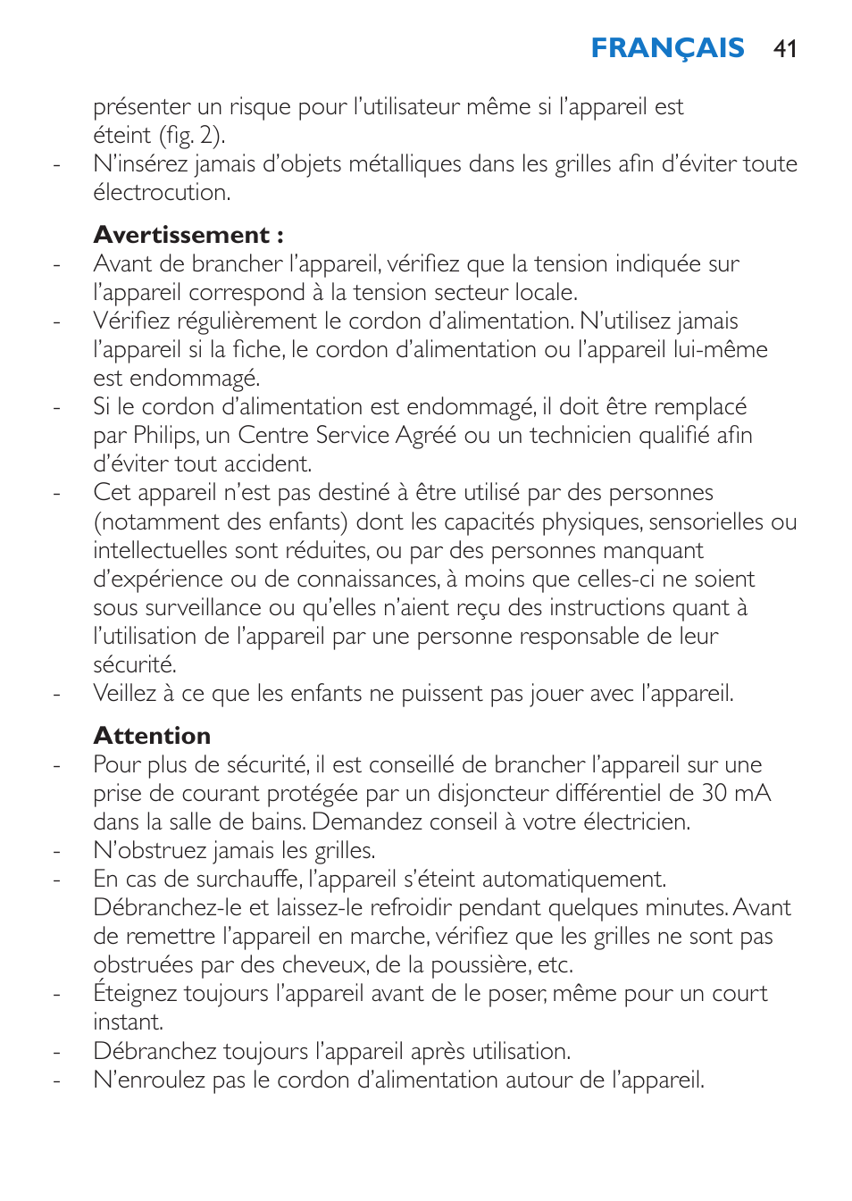 Avertissement, Attention | Philips Sèche-cheveux et lisseur User Manual | Page 41 / 168