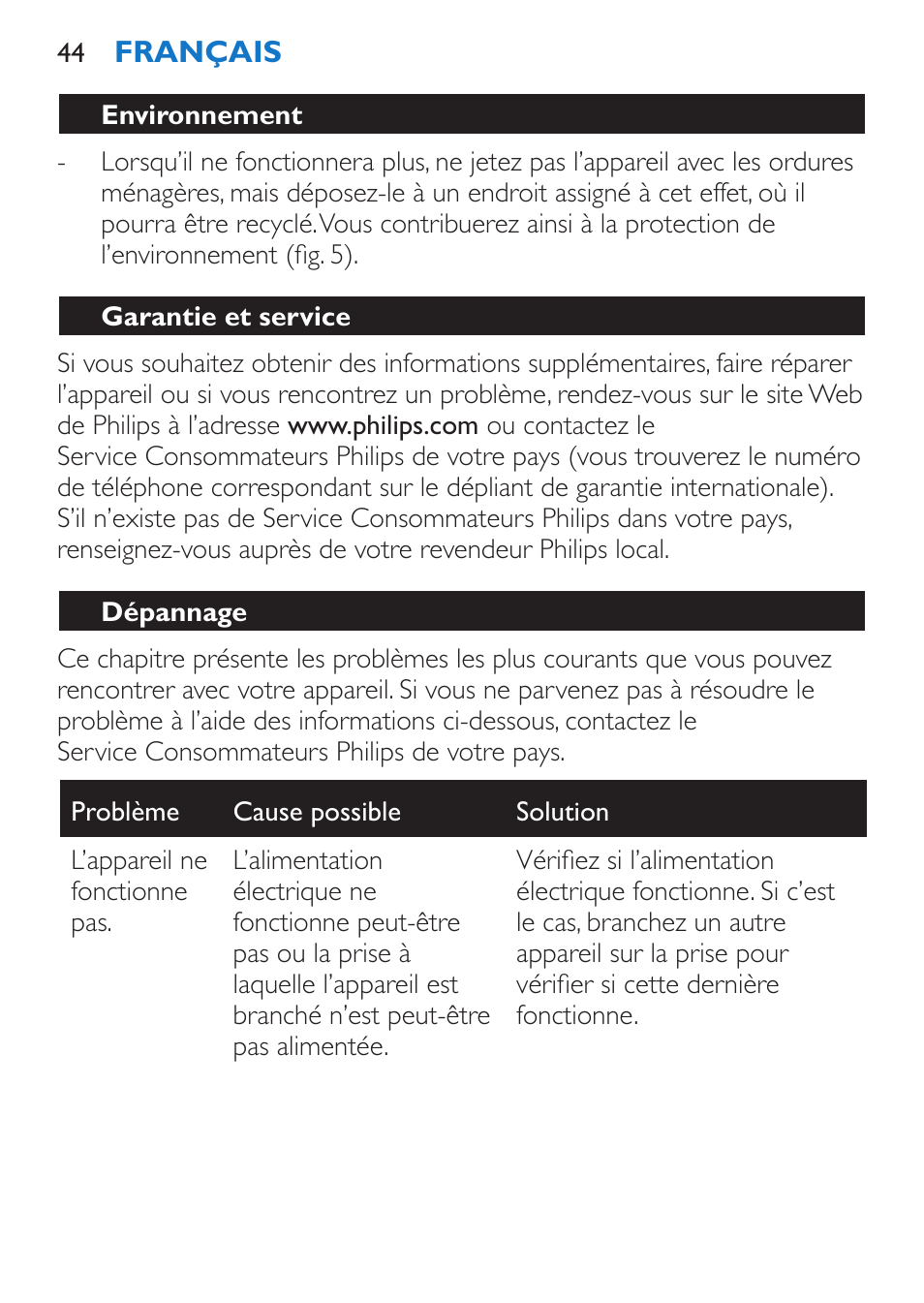 Environnement, Garantie et service, Dépannage | Philips Sèche-cheveux et lisseur User Manual | Page 44 / 168