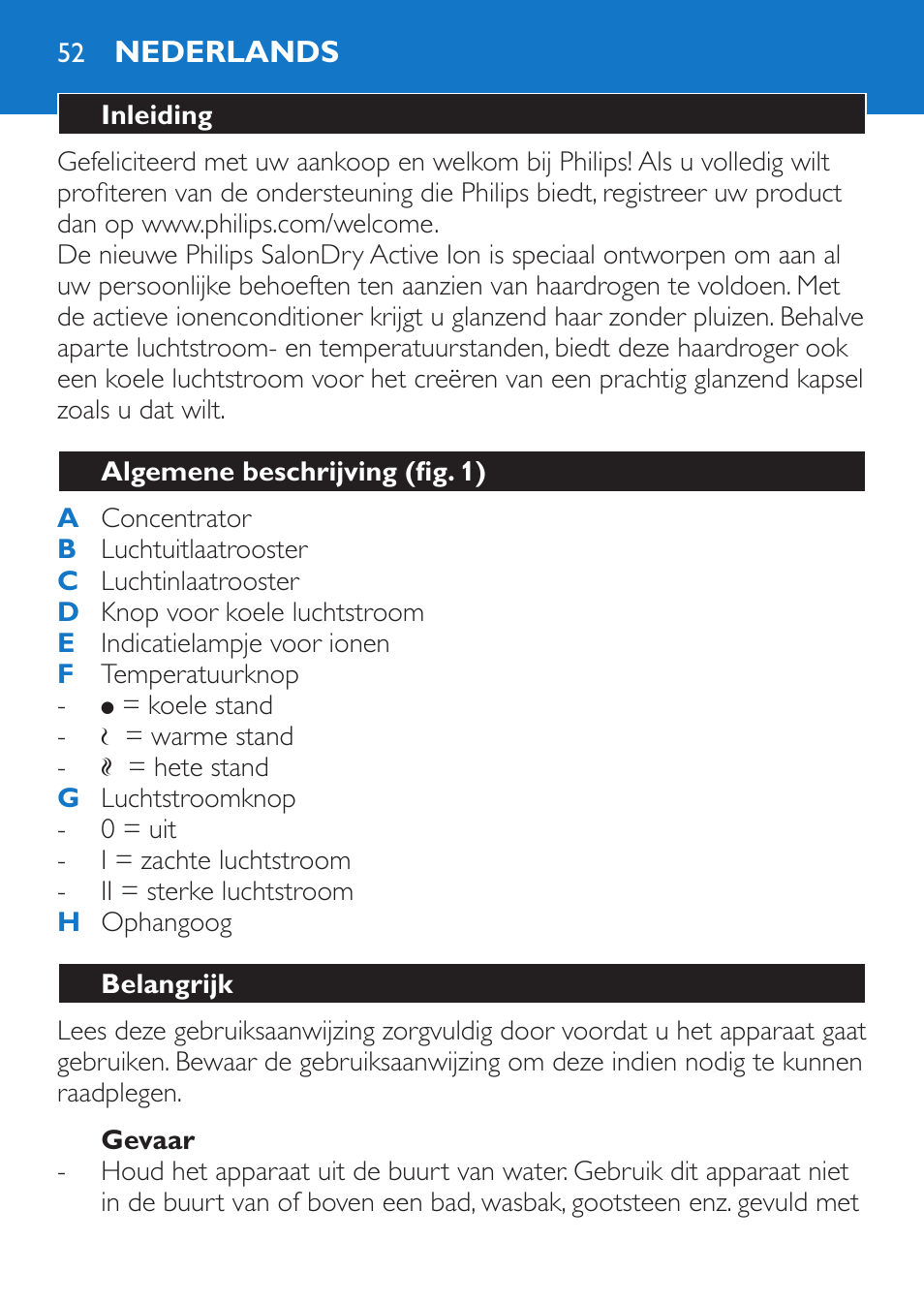 Gevaar, Nederlands, Inleiding | Algemene beschrijving (fig. 1), Belangrijk | Philips Sèche-cheveux et lisseur User Manual | Page 52 / 168