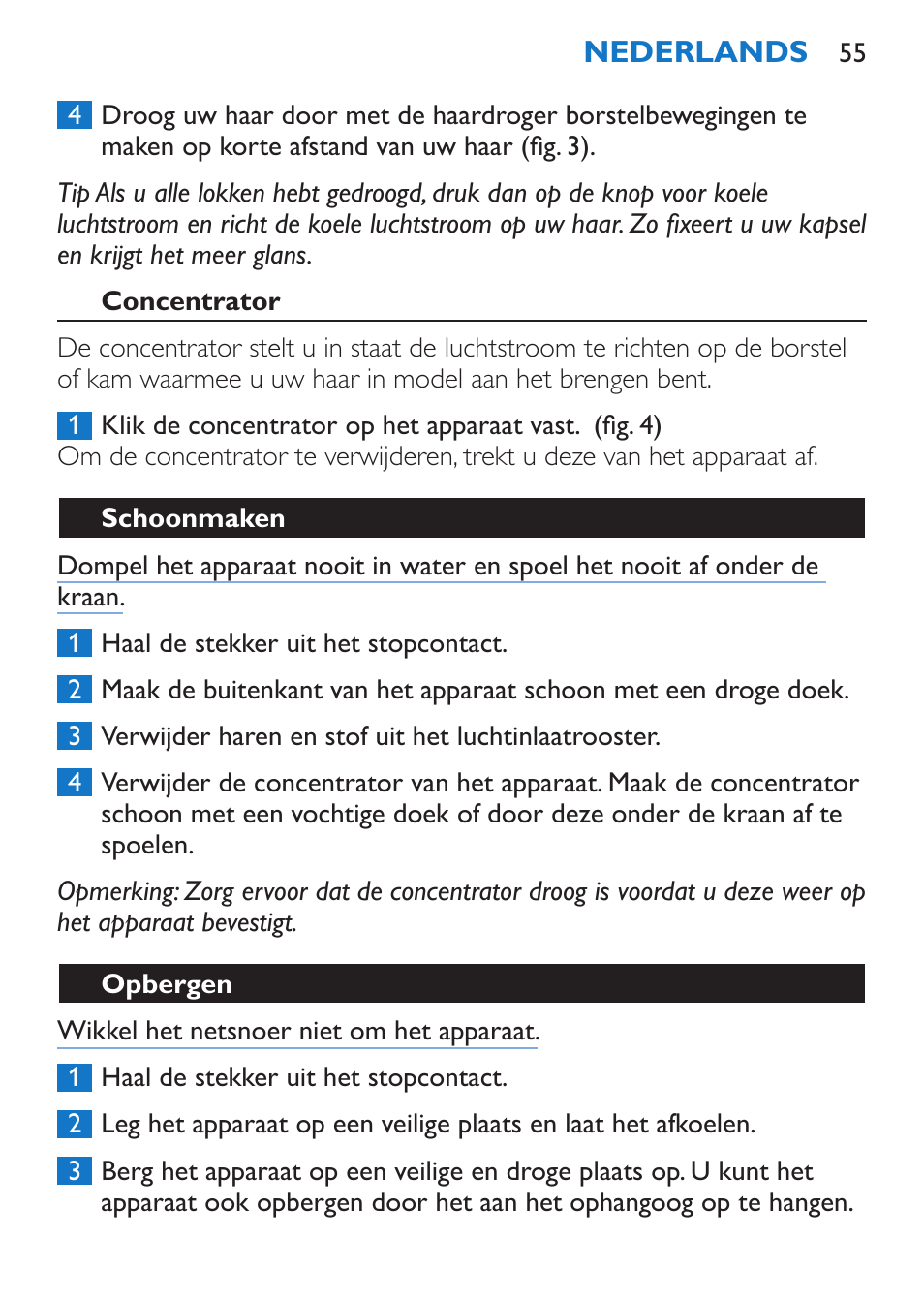 Concentrator, Schoonmaken, Opbergen | Philips Sèche-cheveux et lisseur User Manual | Page 55 / 168