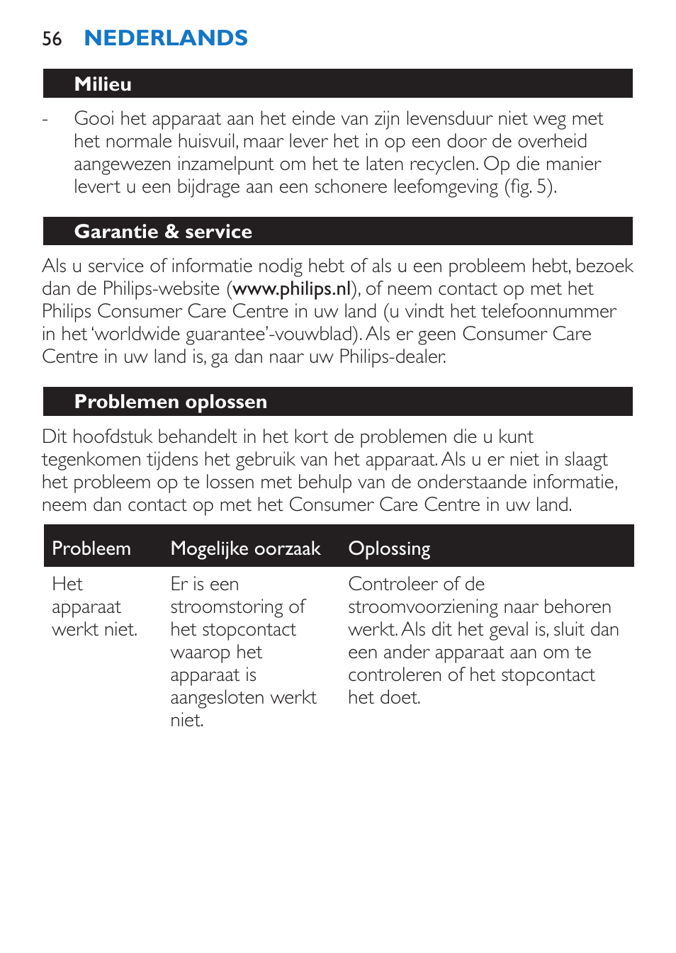 Milieu, Garantie & service, Problemen oplossen | Philips Sèche-cheveux et lisseur User Manual | Page 56 / 168