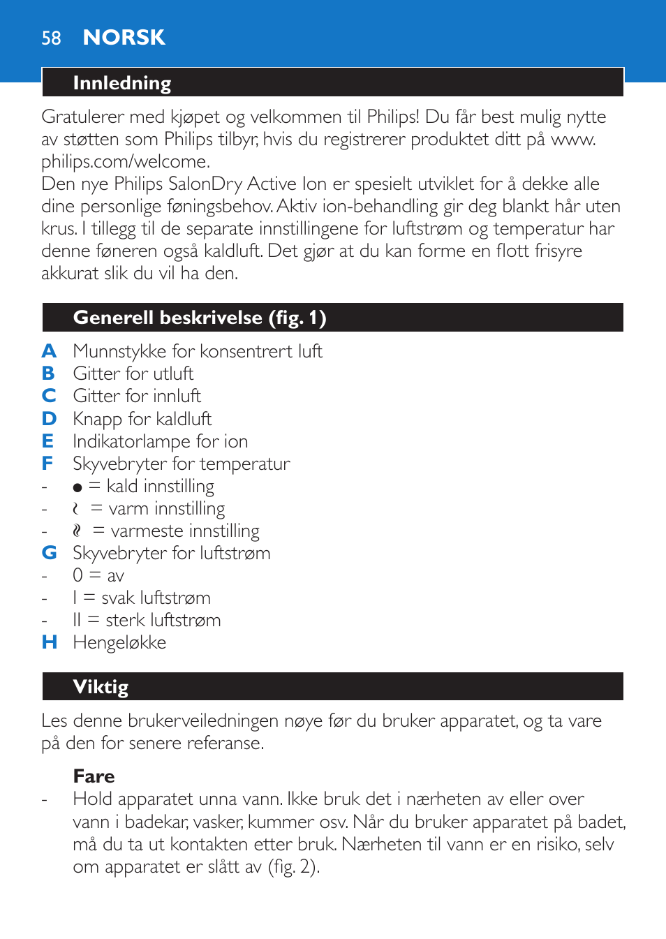 Fare, Norsk, Innledning | Generell beskrivelse (fig. 1), Viktig | Philips Sèche-cheveux et lisseur User Manual | Page 58 / 168