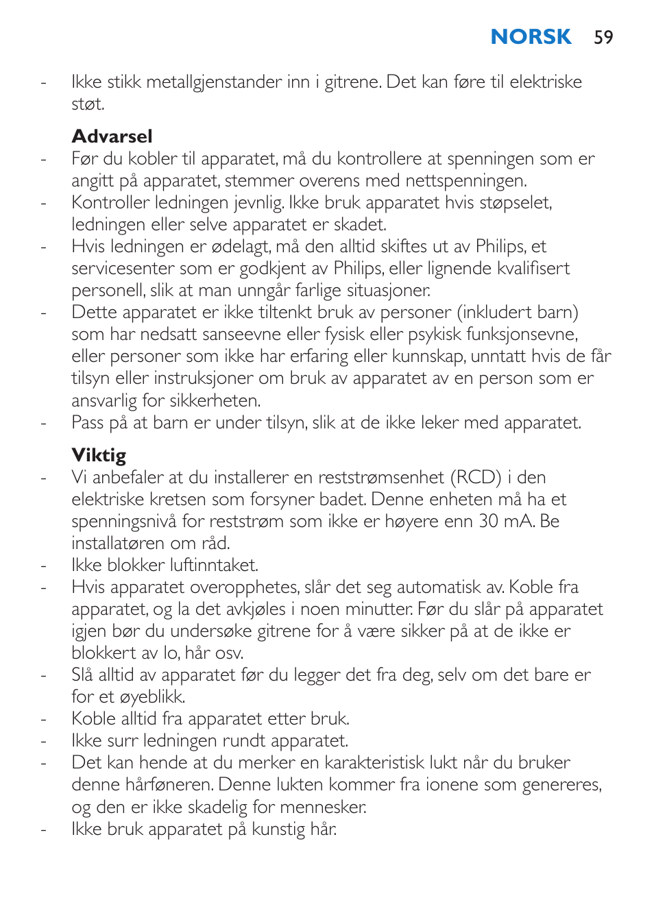 Advarsel, Viktig | Philips Sèche-cheveux et lisseur User Manual | Page 59 / 168